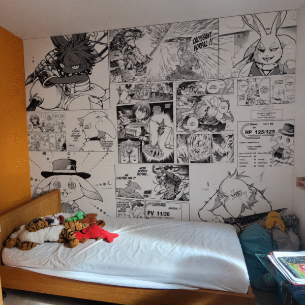 Papier peint Shangri-La Frontier noir et blanc sur mesure dans une chambre