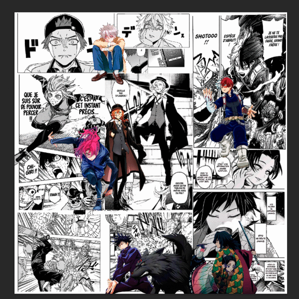Papier peint manga sur mesure Sandra : six univers en noir et blanc avec personnages en couleur